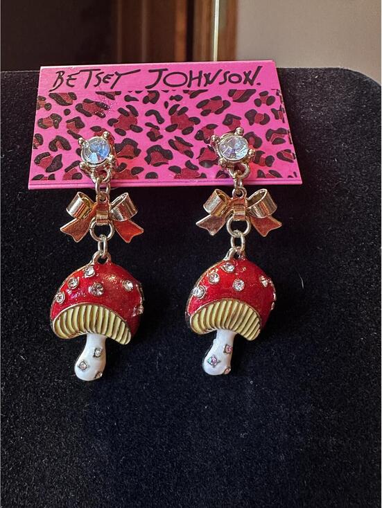 Betsey Johnson Jewelry - Betsey Johnson Red Mushroom Drop Earrings with Bow